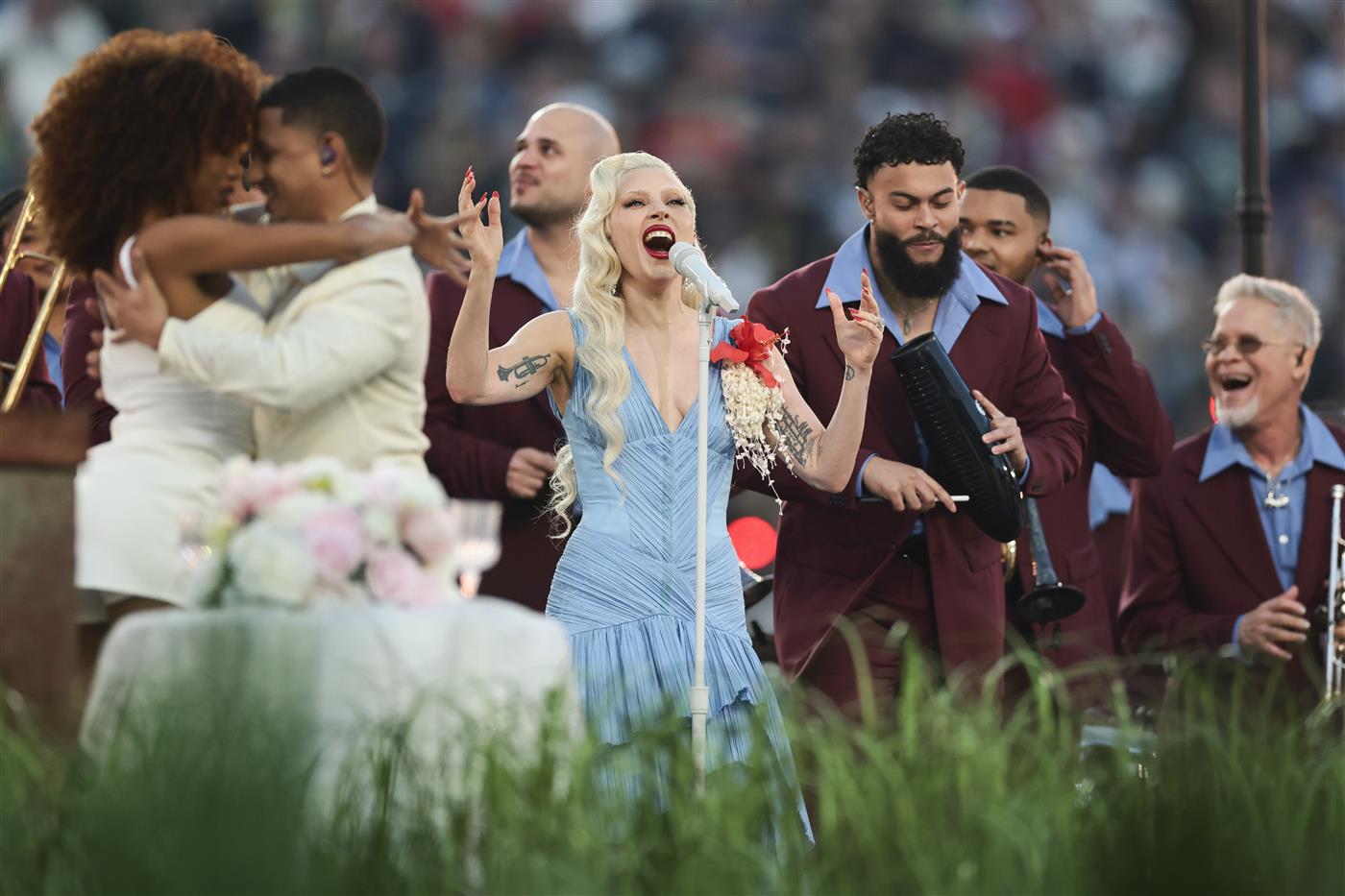 SANTA CLARA, CALIFORNIA - FEBRUARY 08: Lady Gaga performs during halftime of Super Bowl LX at Levi