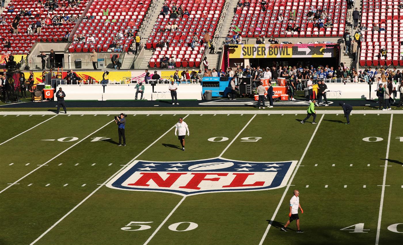 The NFL logo is seen on the field ahead of Super Bowl LX between the New England Patriots and the Seattle Seahawks