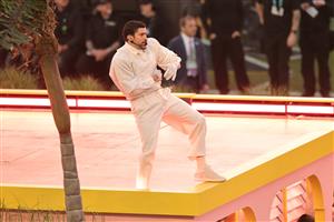 SANTA CLARA, CALIFORNIA - FEBRUARY 08: Bad Bunny performs onstage during the Apple Music Super Bowl LX Halftime Show at Levi