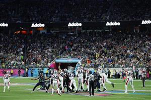 SANTA CLARA, CALIFORNIA - FEBRUARY 08: Jason Myers #5 of the Seattle Seahawks kicks his fourth field goal of the game during the third quarter of Super Bowl LX against the New England Patriots at Levi