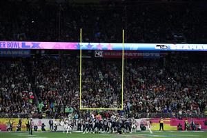 SANTA CLARA, CALIFORNIA - FEBRUARY 08: Jason Myers #5 of the Seattle Seahawks kicks his fifth field goal of the game during the fourth quarter of Super Bowl LX against the New England Patriots at Levi