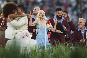 SANTA CLARA, CALIFORNIA - FEBRUARY 08: Lady Gaga performs during halftime of Super Bowl LX at Levi