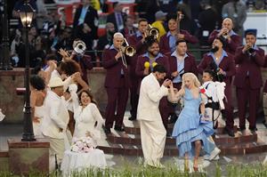 SANTA CLARA, CALIFORNIA - FEBRUARY 08: Bad Bunny and Lady Gaga perform onstage during the Apple Music Super Bowl LX Halftime Show at Levi