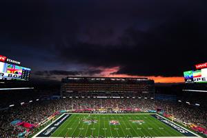 SANTA CLARA, CALIFORNIA - FEBRUARY 08: A general view is seen as the sun sets behind the stadium during the third quarter in  Super Bowl LX between the Seattle Seahawks and the New England Patriots at Levi