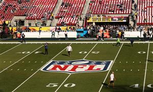 The NFL logo is seen on the field ahead of Super Bowl LX between the New England Patriots and the Seattle Seahawks