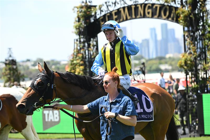 MELBOURNE, AUSTRALIA - FEBRUARY 14: Luke Cartwright riding Tarvue after winning Race 2, the Tab We