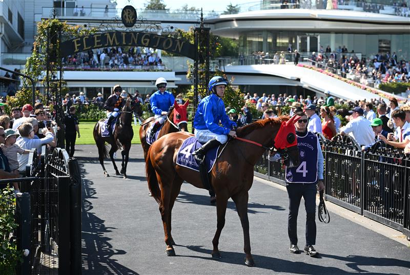 MELBOURNE, AUSTRALIA - FEBRUARY 14: Damian Lane riding Tentyris before winning Race 8, the Black Caviar Lightning  during Melbourne Racing at Flemington Racecourse on February 14, 2026 in Melbourne, Australia. (Photo by Vince Caligiuri/Getty Images)