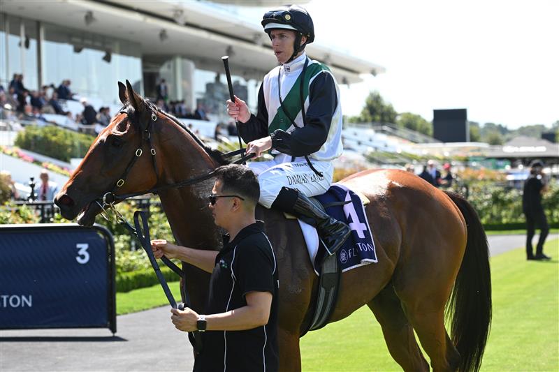 MELBOURNE, AUSTRALIA - FEBRUARY 14: Damian Lane riding Hard Kick after winning Race 1, theTab Talindert Stakes during Melbourne Racing at Flemington Racecourse on February 14, 2026 in Melbourne, Australia. (Photo by Vince Caligiuri/Getty Images)