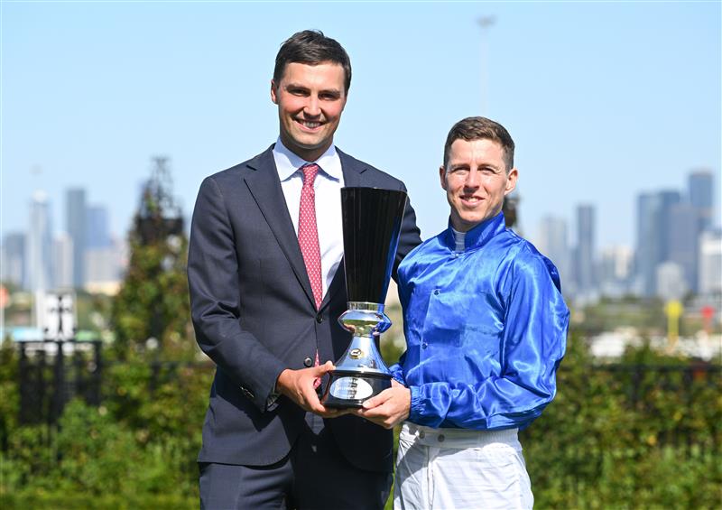 MELBOURNE, AUSTRALIA - FEBRUARY 14: Damian Lane poses with trainer Sam Freedman after riding Tentyris to win Race 8, the Black Caviar Lightning  during Melbourne Racing at Flemington Racecourse on February 14, 2026 in Melbourne, Australia. (Photo by Vince Caligiuri/Getty Images)