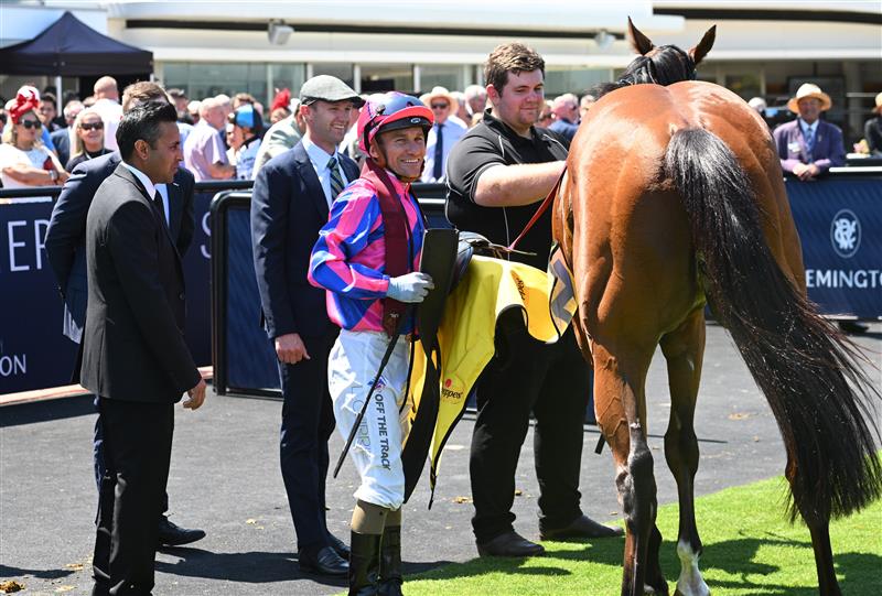 MELBOURNE, AUSTRALIA - FEBRUARY 14: Luke Currie riding Ndola after winning Race 5, the The Schweppes Plate during Melbourne Racing at Flemington Racecourse on February 14, 2026 in Melbourne, Australia. (Photo by Vince Caligiuri/Getty Images)