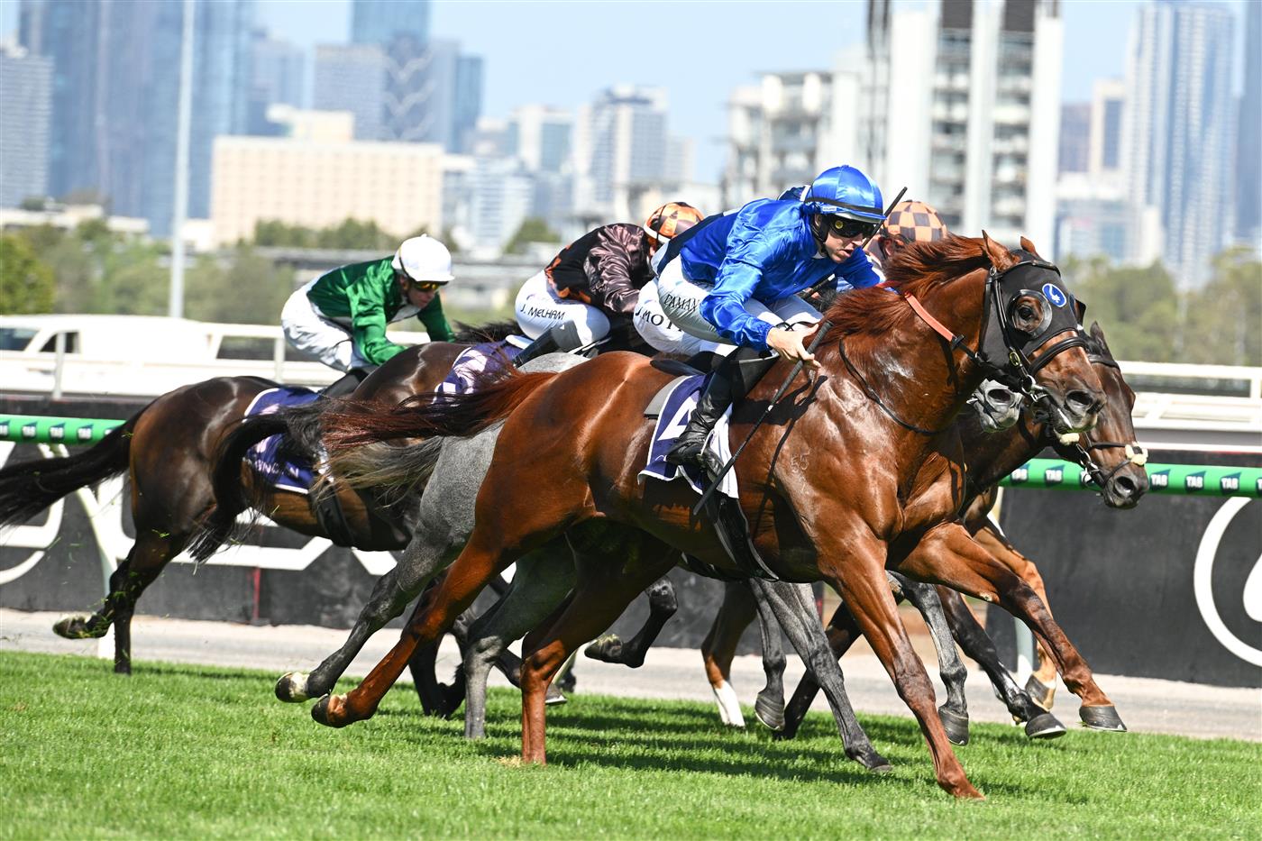 MELBOURNE, AUSTRALIA - FEBRUARY 14: Damian Lane riding Tentyris winning Race 8, the Black Caviar Lightning  during Melbourne Racing at Flemington Racecourse on February 14, 2026 in Melbourne, Australia. (Photo by Vince Caligiuri/Getty Images)