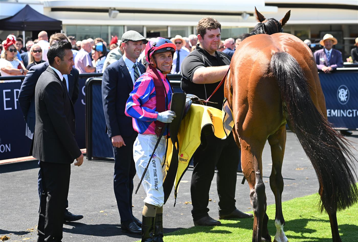 MELBOURNE, AUSTRALIA - FEBRUARY 14: Luke Currie riding Ndola after winning Race 5, the The Schweppes Plate during Melbourne Racing at Flemington Racecourse on February 14, 2026 in Melbourne, Australia. (Photo by Vince Caligiuri/Getty Images)