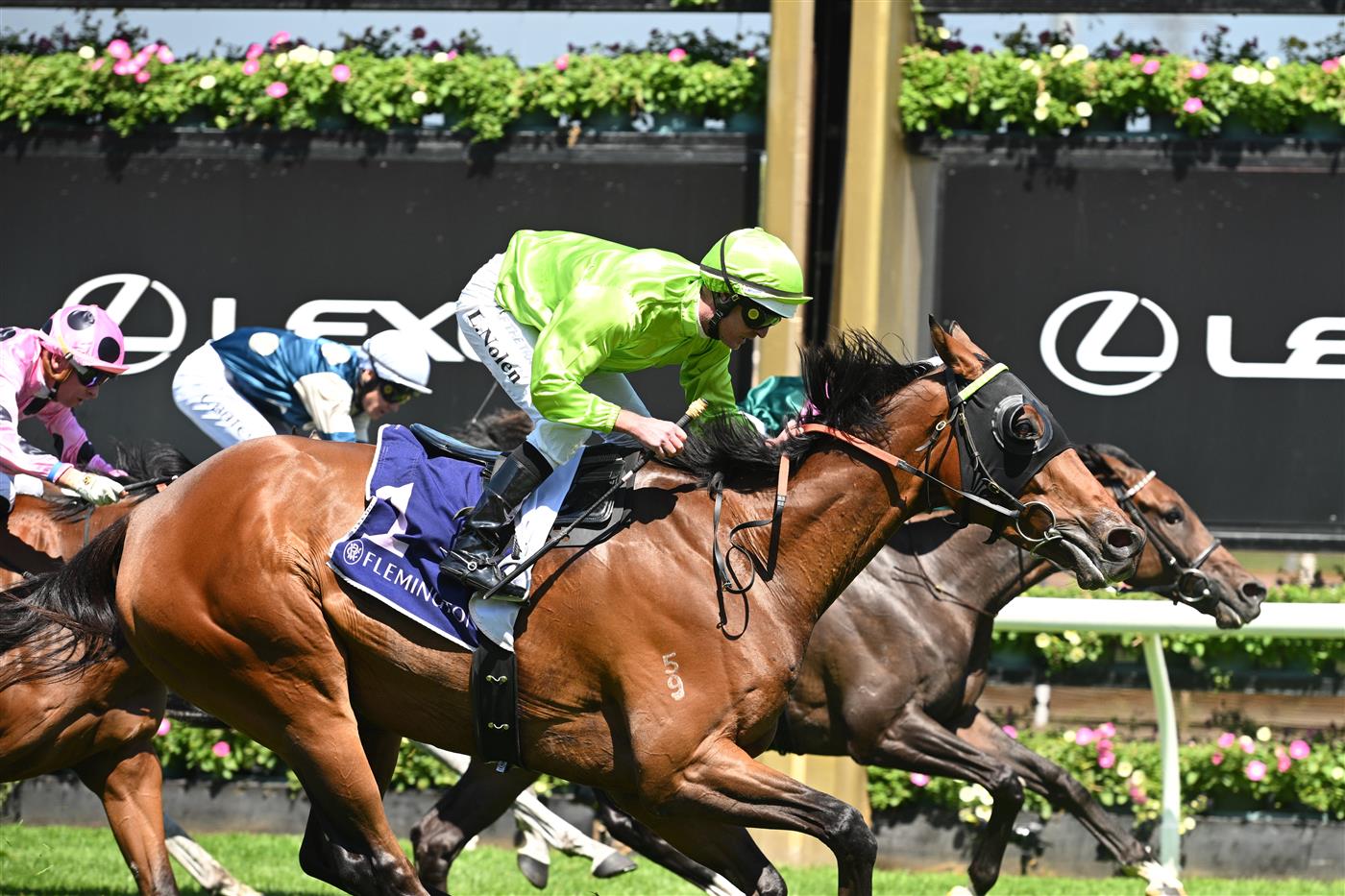 MELBOURNE, AUSTRALIA - FEBRUARY 14: Luke Nolen riding Berkeley Square winning Race 6, the Be Captivated Trophy during Melbourne Racing at Flemington Racecourse on February 14, 2026 in Melbourne, Australia. (Photo by Vince Caligiuri/Getty Images)