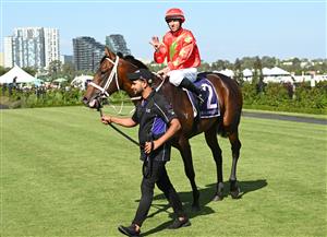 MELBOURNE, AUSTRALIA - FEBRUARY 14: Damian Lane brings up win number four after riding Sixties to win Race 9, the Cs Hayes Stakes during Melbourne Racing at Flemington Racecourse on February 14, 2026 in Melbourne, Australia. (Photo by Vince Caligiuri/Getty Images)