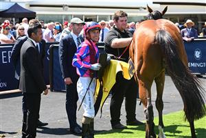 MELBOURNE, AUSTRALIA - FEBRUARY 14: Luke Currie riding Ndola after winning Race 5, the The Schweppes Plate during Melbourne Racing at Flemington Racecourse on February 14, 2026 in Melbourne, Australia. (Photo by Vince Caligiuri/Getty Images)
