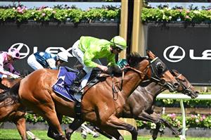 MELBOURNE, AUSTRALIA - FEBRUARY 14: Luke Nolen riding Berkeley Square winning Race 6, the Be Captivated Trophy during Melbourne Racing at Flemington Racecourse on February 14, 2026 in Melbourne, Australia. (Photo by Vince Caligiuri/Getty Images)