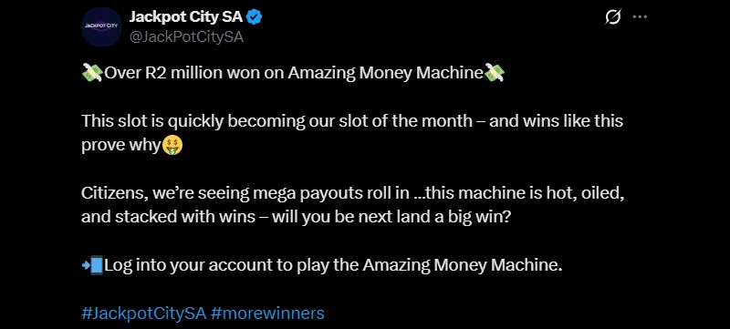 ‘Amazing Money Machine’ Paid Over R2M This Month at Jackpot City