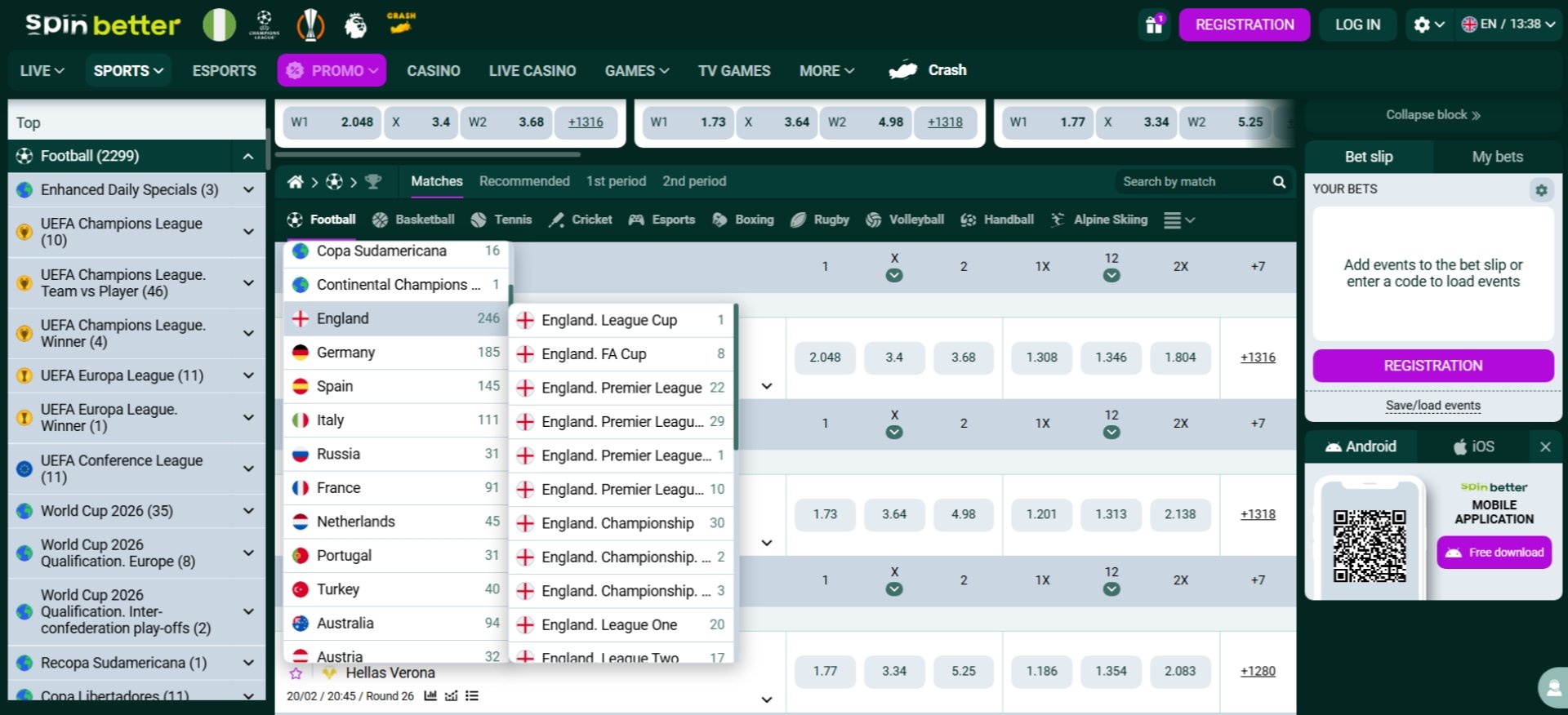 Spinbetter Football Markets