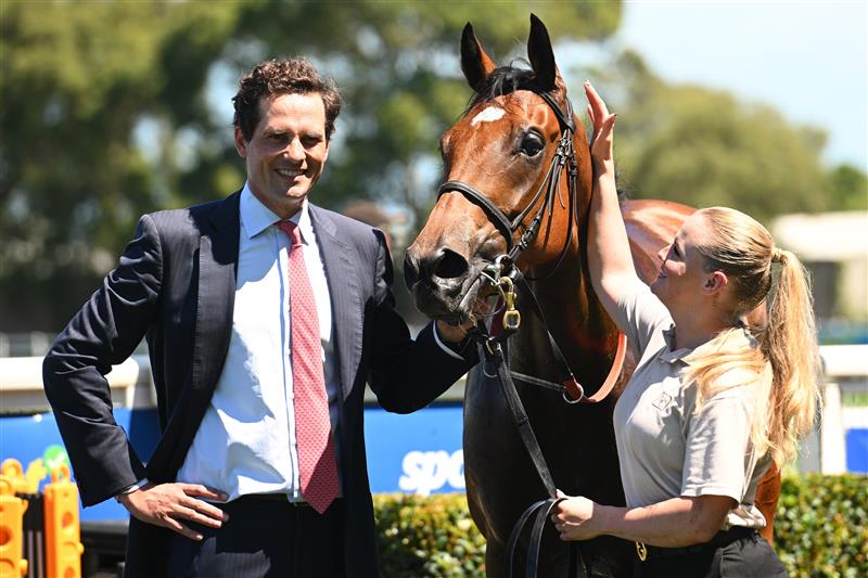 MELBOURNE, AUSTRALIA - FEBRUARY 21: Trainer Matt Cumani poses with Single Choice after winning Race 4, the Stow Storage Autumn Classic during Melbourne Racing at Caulfield Racecourse on February 21, 2026 in Melbourne, Australia. (Photo by Vince Caligiuri/Getty Images)