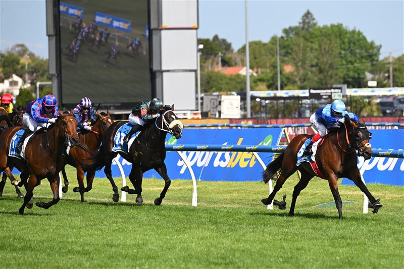 MELBOURNE, AUSTRALIA - FEBRUARY 21: Craig Williams riding Tropicus defeats Hedged in Race 9, the Sportsbet Oakleigh Plate during Melbourne Racing at Caulfield Racecourse on February 21, 2026 in Melbourne, Australia. (Photo by Vince Caligiuri/Getty Images)