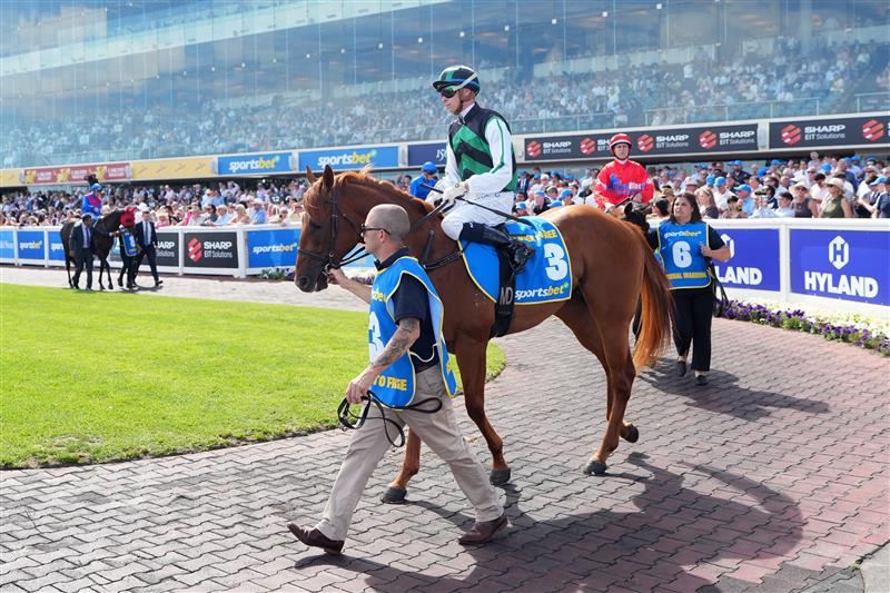 MELBOURNE, AUSTRALIA - FEBRUARY 21: Michael Dee riding Close to Free before Race 8, the Sportsbet Blue Diamond Stakes during Melbourne Racing at Caulfield Racecourse on February 21, 2026 in Melbourne, Australia. (Photo by Vince Caligiuri/Getty Images)