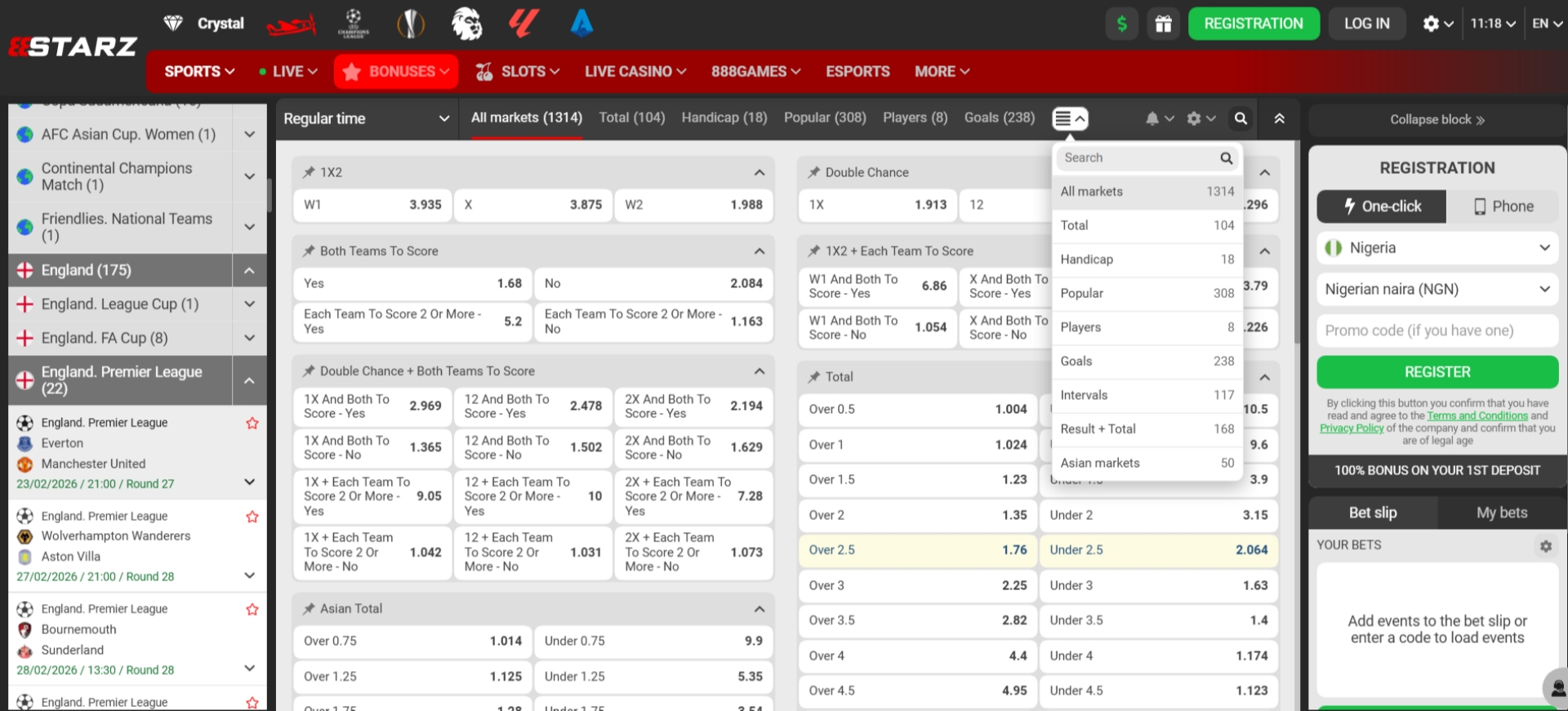 888Starz Football Bet Types