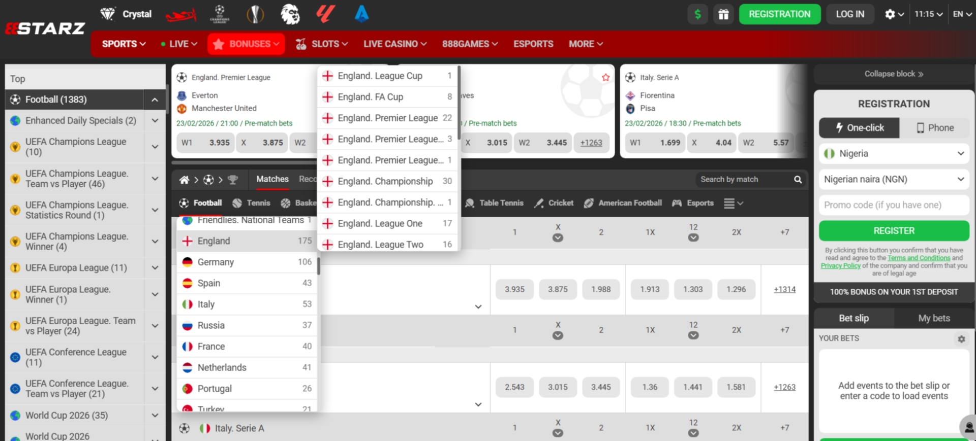 888Starz Football Markets