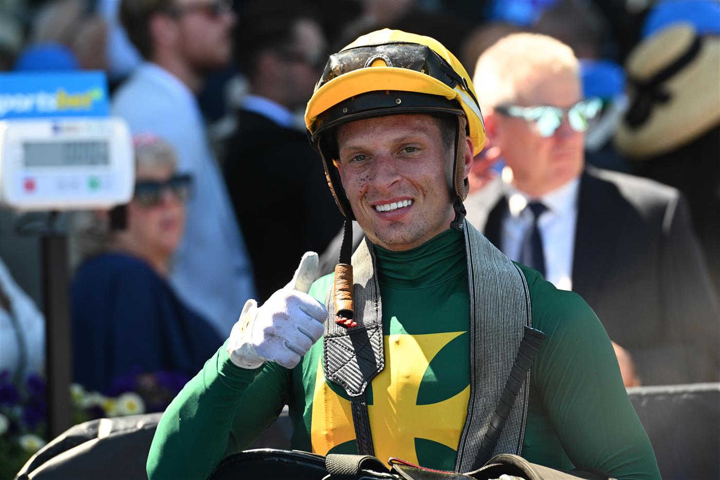 MELBOURNE, AUSTRALIA - FEBRUARY 21: Zac Spain riding Sheza Alibi after winning Race 5, the Sportsbet Angus Armanasco Stakes during Melbourne Racing at Caulfield Racecourse on February 21, 2026 in Melbourne, Australia. (Photo by Vince Caligiuri/Getty Images)