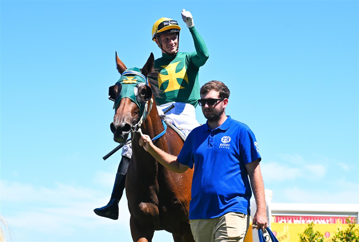 MELBOURNE, AUSTRALIA - FEBRUARY 21: Zac Spain riding Sheza Alibi after winning Race 5, the Sportsbet Angus Armanasco Stakes during Melbourne Racing at Caulfield Racecourse on February 21, 2026 in Melbourne, Australia. (Photo by Vince Caligiuri/Getty Images)