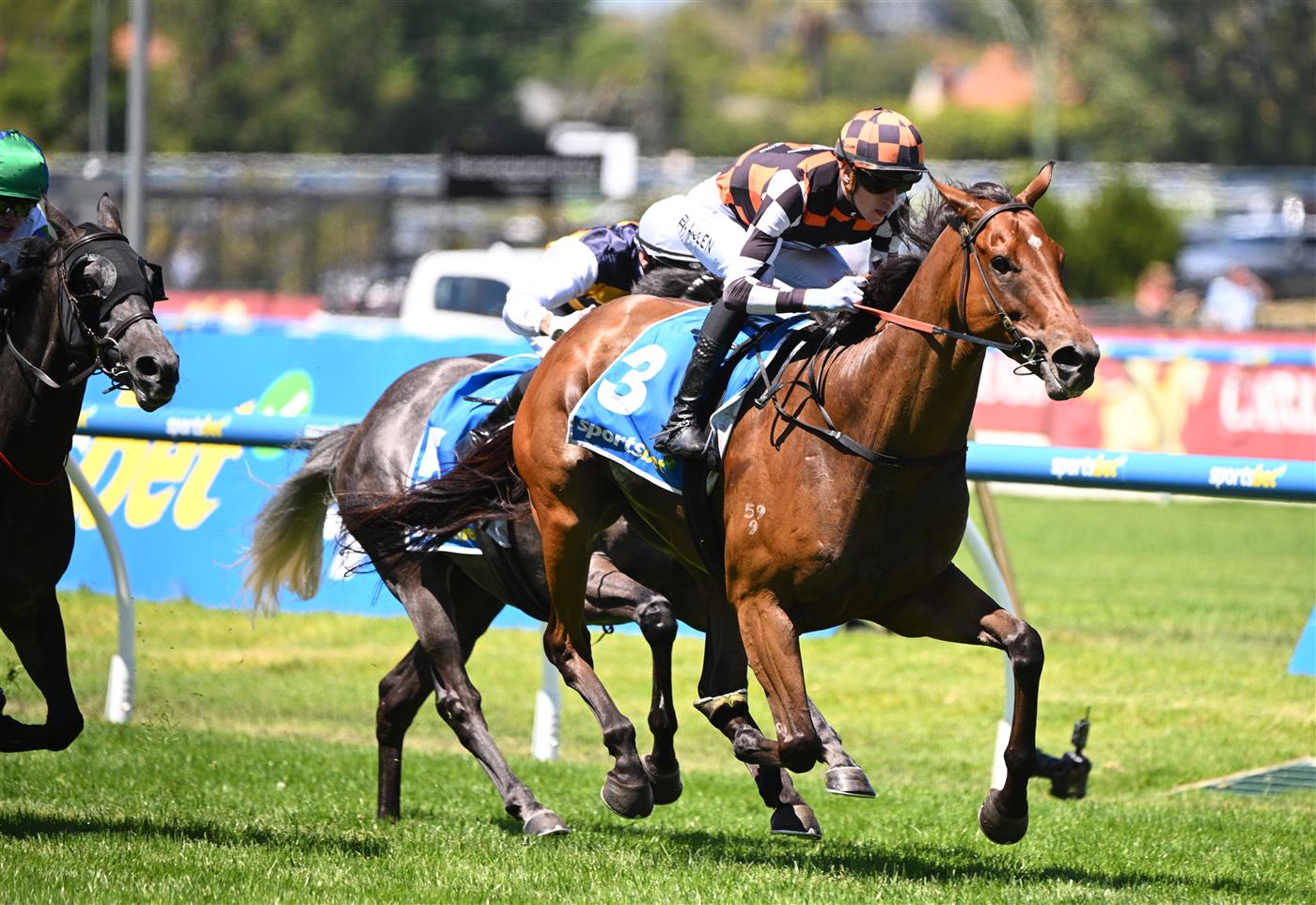 MELBOURNE, AUSTRALIA - FEBRUARY 21: Ben Allen riding Magnaspin winning Race 3, the Sportsbet Victoria Gold Cup during Melbourne Racing at Caulfield Racecourse on February 21, 2026 in Melbourne, Australia. (Photo by Vince Caligiuri/Getty Images)