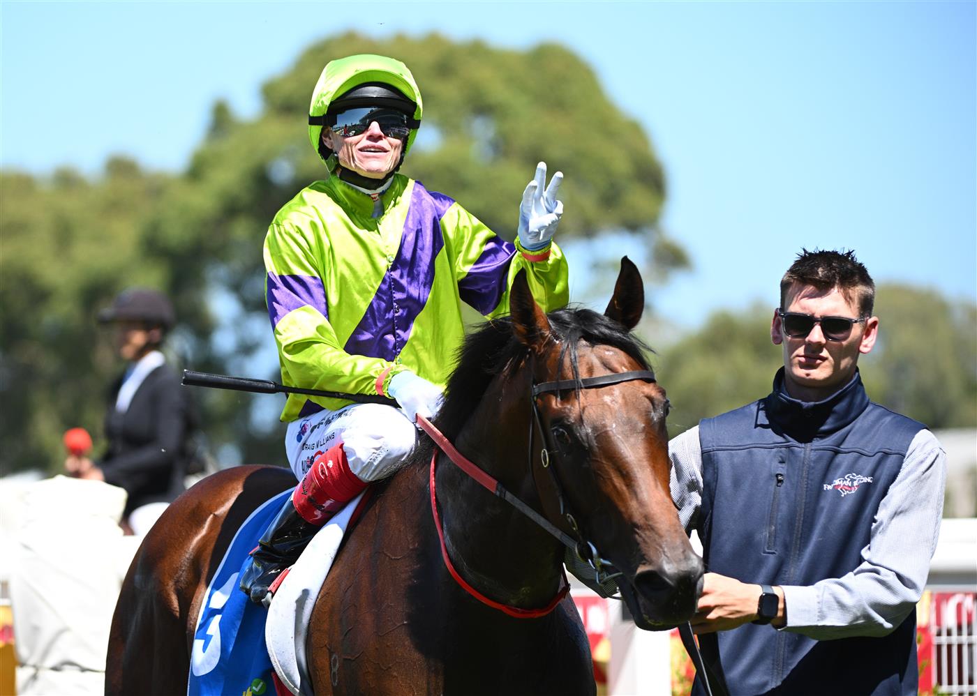 MELBOURNE, AUSTRALIA - FEBRUARY 21: Craig Williams riding Pallaton after winning Race 2, the Sportsbet Zeditave Stakes during Melbourne Racing at Caulfield Racecourse on February 21, 2026 in Melbourne, Australia. (Photo by Vince Caligiuri/Getty Images)