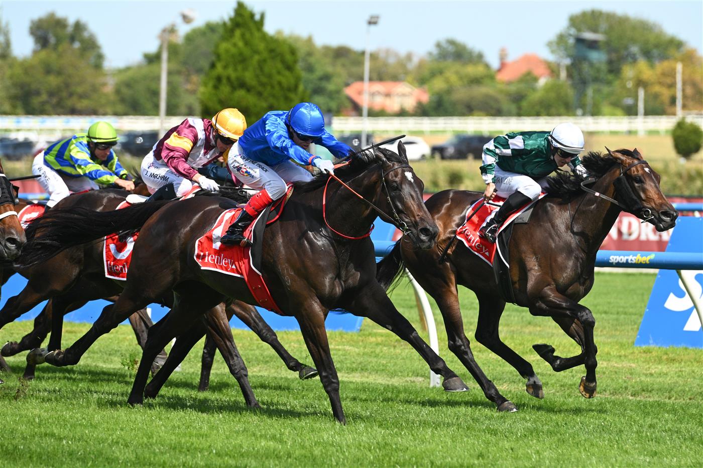 MELBOURNE, AUSTRALIA - FEBRUARY 21: Craig Williams riding Pericles defeats Damian Lane riding riding Treasurethe Moment in Race 7, the Henley Homes Futurity Stakes during Melbourne Racing at Caulfield Racecourse on February 21, 2026 in Melbourne, Australia. (Photo by Vince Caligiuri/Getty Images)