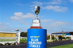 MELBOURNE, AUSTRALIA - FEBRUARY 21: The Blue Diamond trophy is seen during Melbourne Racing at Caulfield Racecourse on February 21, 2026 in Melbourne, Australia. (Photo by Vince Caligiuri/Getty Images)