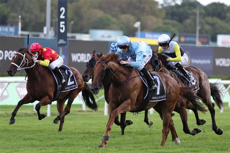 SYDNEY, AUSTRALIA - FEBRUARY 28: Tom Sherry  riding  King Of Roseau  win Race 9 HKJC World Pool Liverpool City Cup during Sydney Racing at Royal Randwick Racecourse on February 28, 2026 in Sydney, Australia. (Photo by Jeremy Ng/Getty Images)