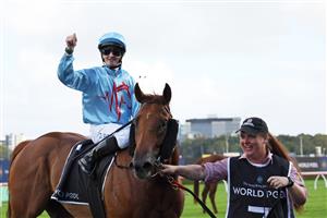 SYDNEY, AUSTRALIA - FEBRUARY 28: Tom Sherry  riding  King Of Roseau  win Race 9 HKJC World Pool Liverpool City Cup during Sydney Racing at Royal Randwick Racecourse on February 28, 2026 in Sydney, Australia. (Photo by Jeremy Ng/Getty Images)