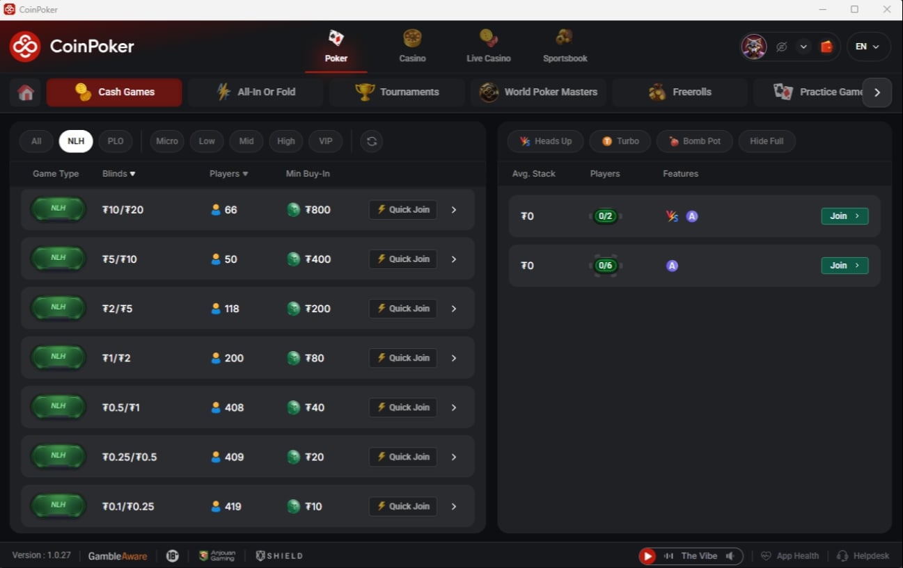 CoinPoker Cash Game Lobby