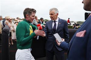 SYDNEY, AUSTRALIA - MARCH 07: Australian host and sports commentator Bruce McAvaney interviews after Luke Nolen riding Sheza Alibi  win Race 8 The Agency Randwick Guineas during Sydney Racing at Royal Randwick Racecourse on March 07, 2026 in Sydney, Australia. (Photo by Jeremy Ng/Getty Images)