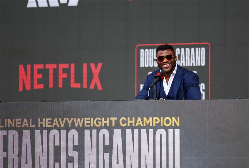 Francis Ngannou speaks onstage during Netflix's Ronda Rousey x Gina Carano Los Angeles MMA Press Conference at Intuit Dome on March 10, 2026 in Inglewood, California. (Getty Images for Netflix)