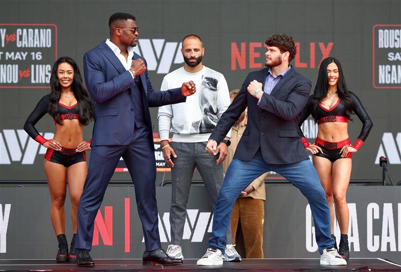Francis Ngannouand Philipe Lins face off during Netflix's Ronda Rousey x Gina Carano Los Angeles MMA Press Conference at Intuit Dome on March 10, 2026 in Inglewood, California. (Getty Images for Netflix)