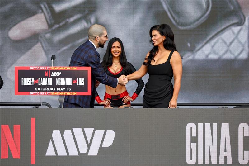 Ariel Helwani and Gina Carano attend Netflix's Ronda Rousey x Gina Carano Los Angeles MMA Press Conference at Intuit Dome on March 10, 2026 in Inglewood, California. (Getty Images for Netflix)