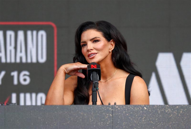 Gina Carano speaks onstage during Netflix's Ronda Rousey x Gina Carano Los Angeles MMA Press Conference at Intuit Dome on March 10, 2026 in Inglewood, California. (Getty Images for Netflix)