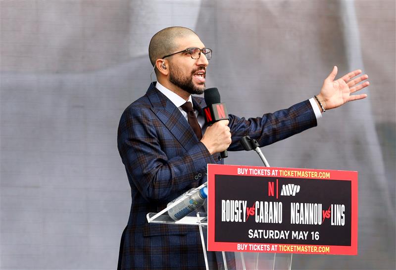 Ariel Helwanispeaks onstage during Netflix's Ronda Rousey x Gina Carano Los Angeles MMA Press Conference at Intuit Dome on March 10, 2026 in Inglewood, California. (Getty Images for Netflix)