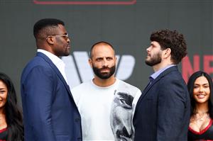 Francis Ngannouand Philipe Lins face off during Netflix's Ronda Rousey x Gina Carano Los Angeles MMA Press Conference at Intuit Dome on March 10, 2026 in Inglewood, California. (Getty Images for Netflix)