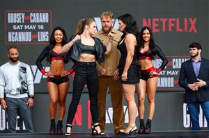 Ronda Rousey and Gina Carano face off during Netflix's Ronda Rousey x Gina Carano Los Angeles MMA Press Conference at Intuit Dome on March 10, 2026 in Inglewood, California. (Getty Images for Netflix)