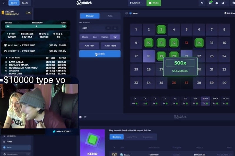 Jones Guest Rainbet Keno Win