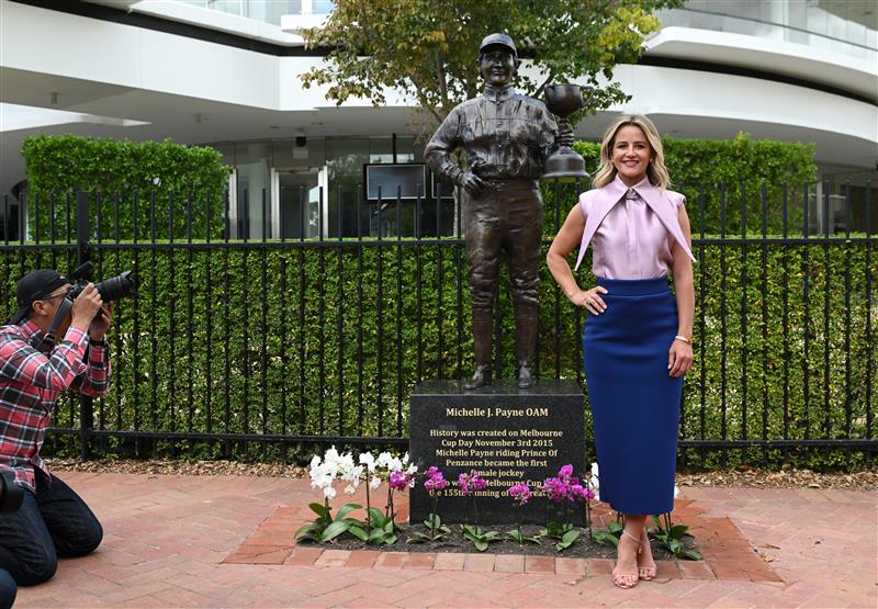 MELBOURNE, AUSTRALIA - MARCH 26: Michelle Payne, the first female jockey to win Australia’s most iconic race, the Lexus Melbourne Cup aboard Prince of Penzance poses during the official unveiling of the Michelle Payne Statue at Flemington Racecourse on March 26, 2026 in Melbourne, Australia. (Photo by Vince Caligiuri/Getty Images)