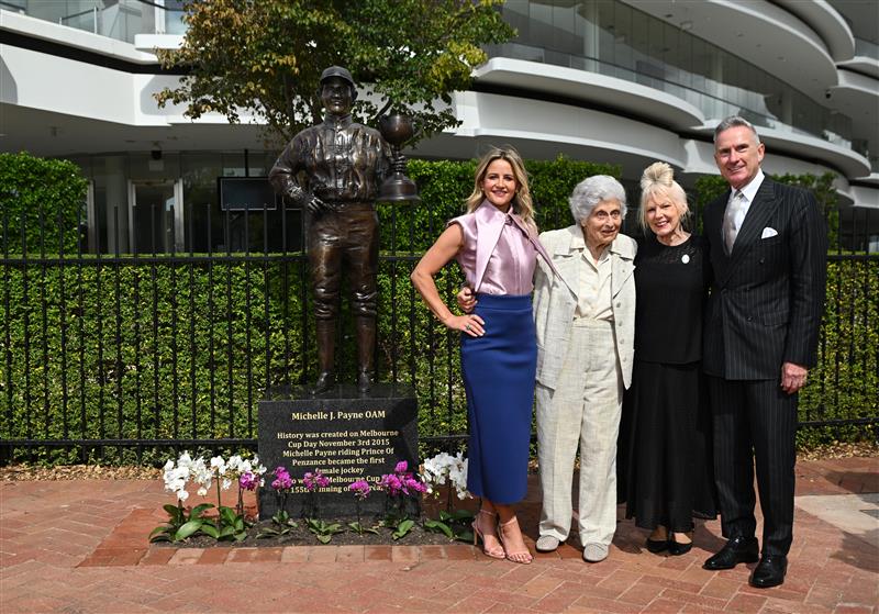 MELBOURNE, AUSTRALIA - MARCH 26: Michelle Payne, the first female jockey to win Australia’s most iconic race, the Lexus Melbourne Cup aboard Prince of Penzance poses with  philanthropist Lady Marigold Southey AC, acclaimed artist Judith Leman and and Neil Wilson – VRC Chairman (r) during the official unveiling of the Michelle Payne Statue at Flemington Racecourse on March 26, 2026 in Melbourne, Australia. (Photo by Vince Caligiuri/Getty Images)