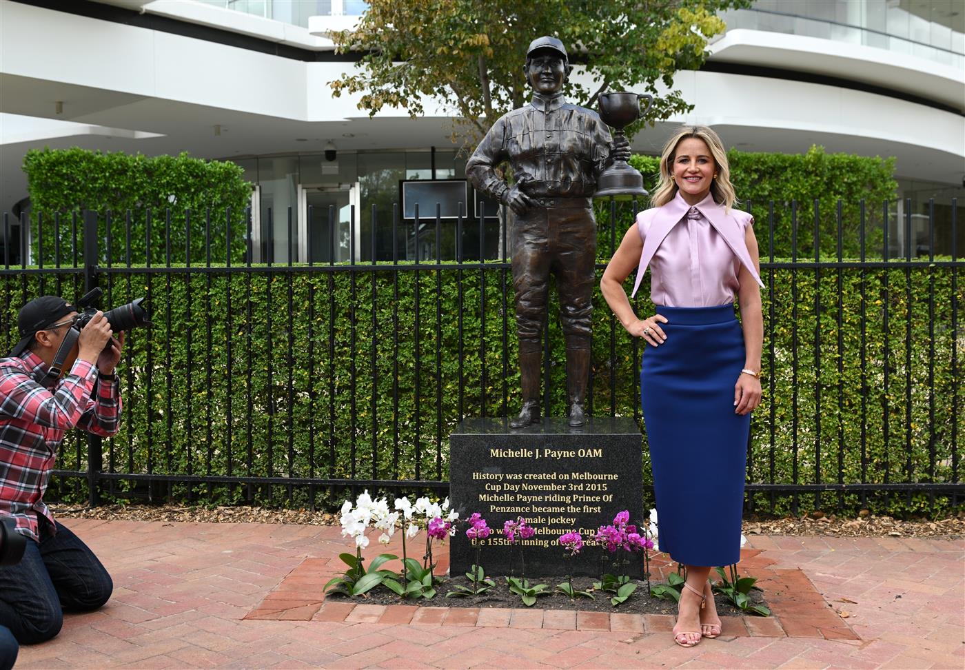 MELBOURNE, AUSTRALIA - MARCH 26: Michelle Payne, the first female jockey to win Australia’s most iconic race, the Lexus Melbourne Cup aboard Prince of Penzance poses during the official unveiling of the Michelle Payne Statue at Flemington Racecourse on March 26, 2026 in Melbourne, Australia. (Photo by Vince Caligiuri/Getty Images)