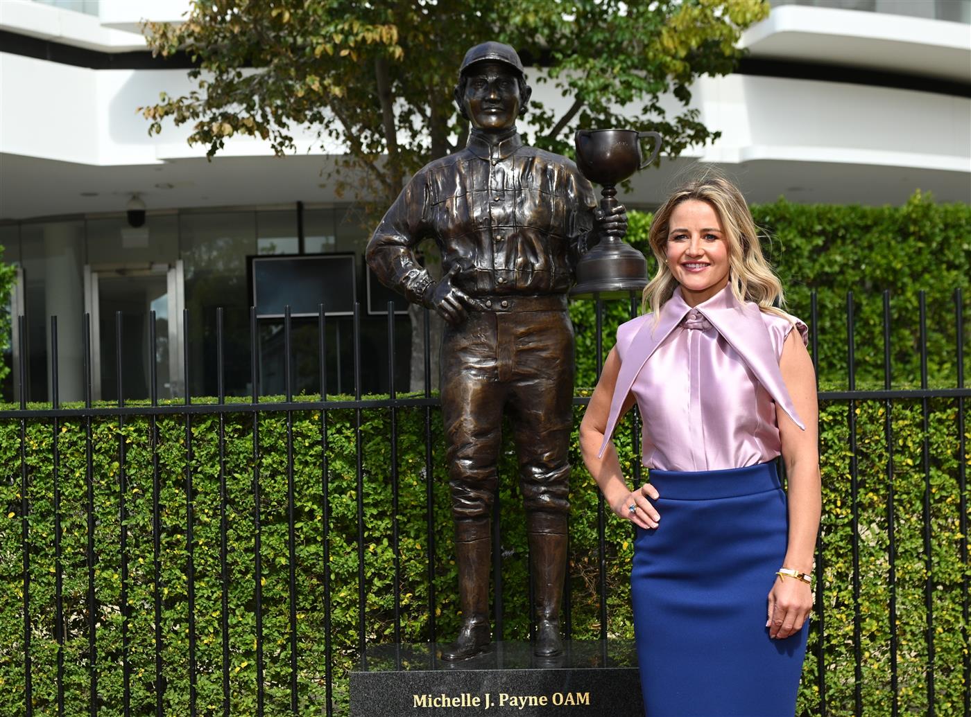 MELBOURNE, AUSTRALIA - MARCH 26: Michelle Payne, the first female jockey to win Australia’s most iconic race, the Lexus Melbourne Cup aboard Prince of Penzance poses during the official unveiling of the Michelle Payne Statue at Flemington Racecourse on March 26, 2026 in Melbourne, Australia. (Photo by Vince Caligiuri/Getty Images)