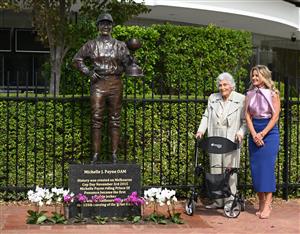 MELBOURNE, AUSTRALIA - MARCH 26: Michelle Payne, the first female jockey to win Australia’s most iconic race, the Lexus Melbourne Cup aboard Prince of Penzance poses with Lady Southey during the official unveiling of the Michelle Payne Statue at Flemington Racecourse on March 26, 2026 in Melbourne, Australia. (Photo by Vince Caligiuri/Getty Images)